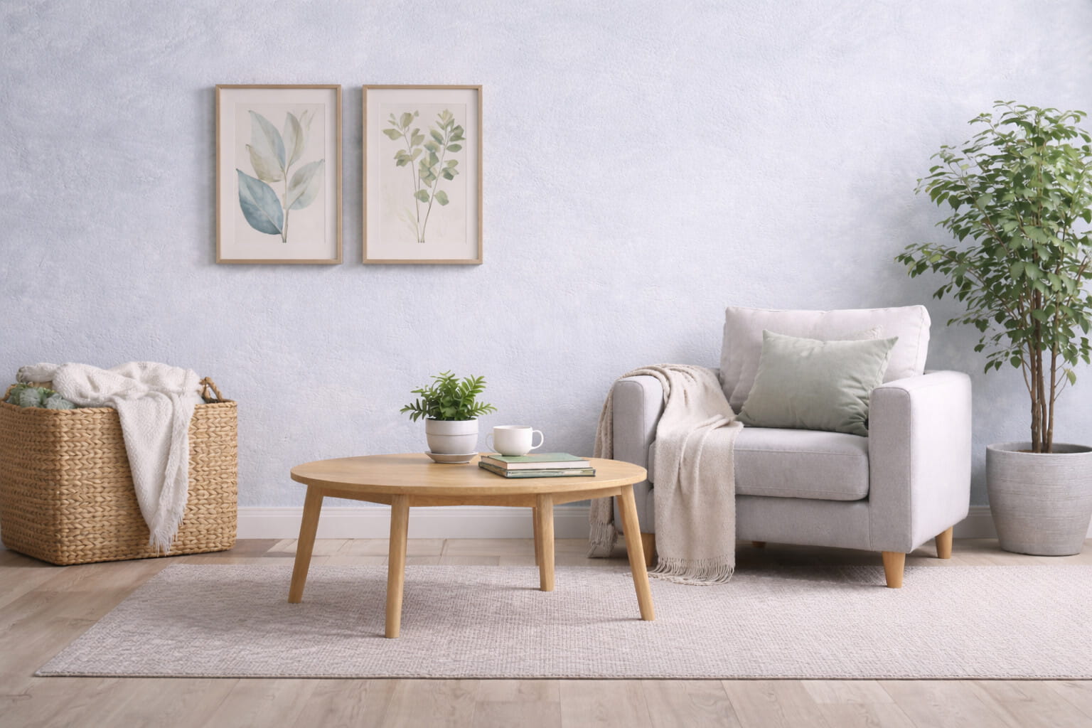 A calm, comfortable living space with botanical prints and greenery