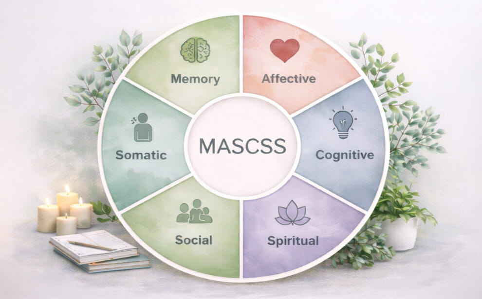 The MASCSS Framework diagram showing Memory, Affective, Somatic, Cognitive, Social, and Spiritual domains